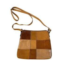 Fossil leather patchwork crossbody purse, pocketbook, bag. brown, tan. handbag